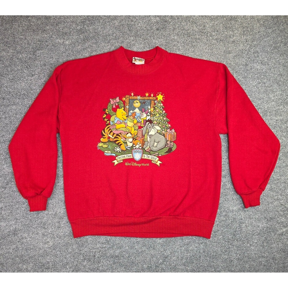 Vintage 2000 Disney World Winnie The Pooh Red Christmas Sweatshirt XL Eeyore Y2K